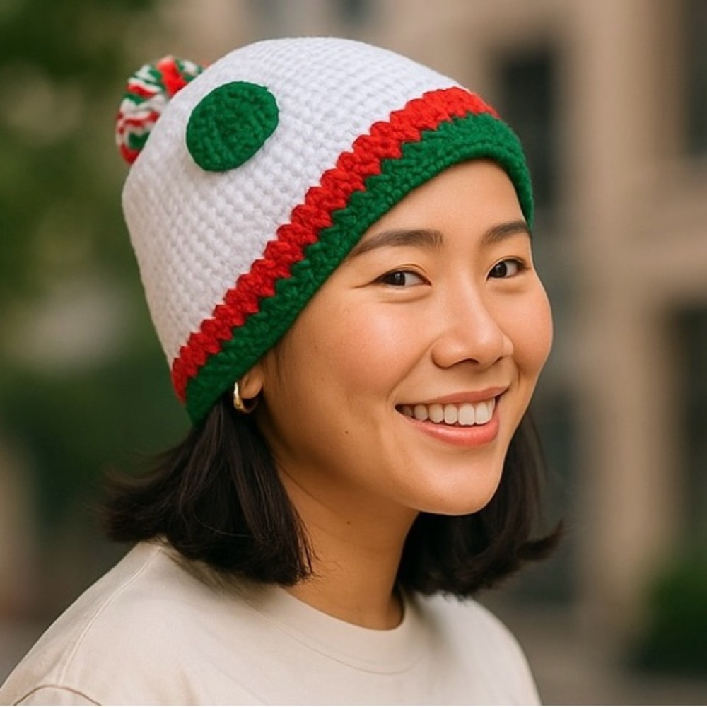 Beanie Hat Hand Crafted Festive Holiday White Red Green Crochet